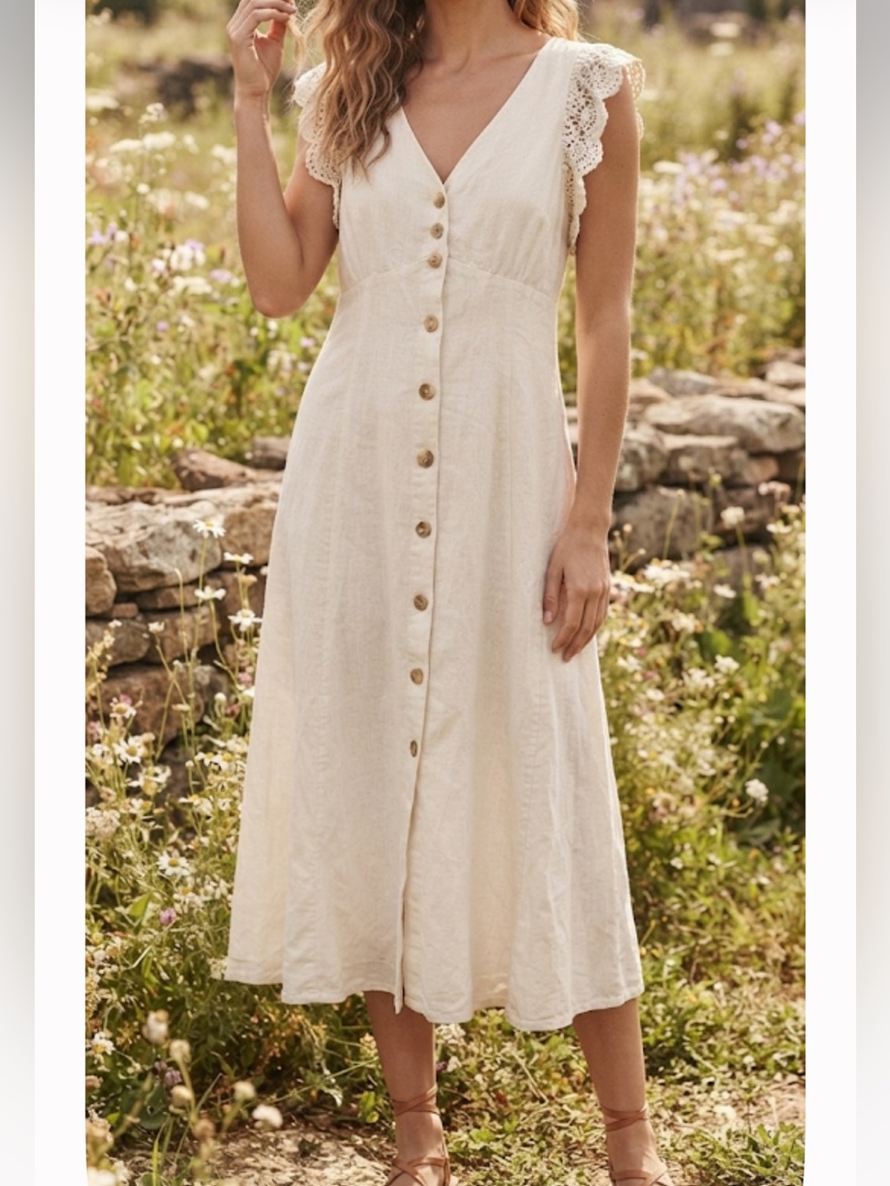 HIGHLINE COLLECTIVE White Linen Midi Dress Crochet Milkmaid Prairie Boho Small